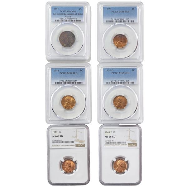 1865-1959 High Grade Lincoln Wheat Cent and 2 Cent Piece Lot [6 Coins] PCGS/NGC MS64-66 RB/RD