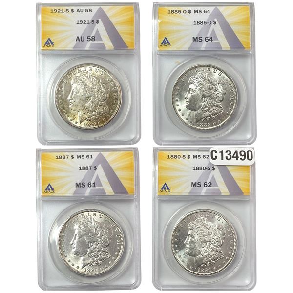 1880-1921 GEM BU Morgan Silver Dollar Lot [4 Coins] ANACS AU/MS58-64