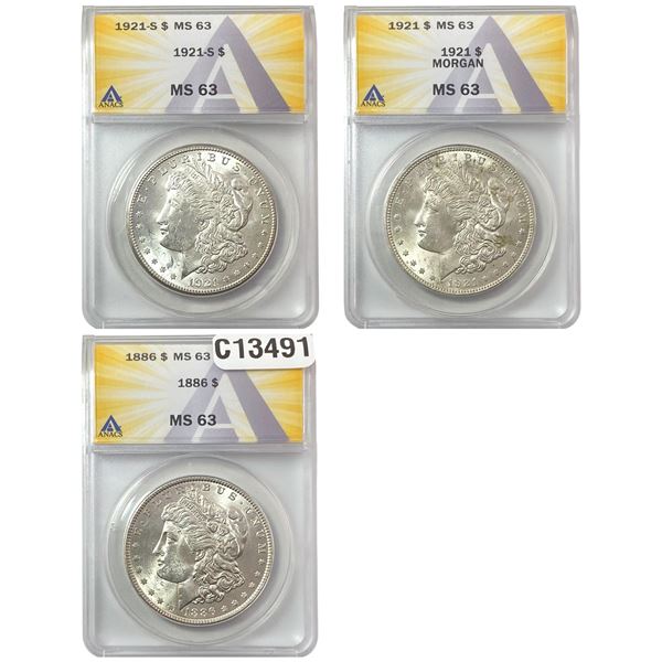 1886-1921 GEM BU Morgan Silver Dollar Lot [3 Coins] ANACS MS63