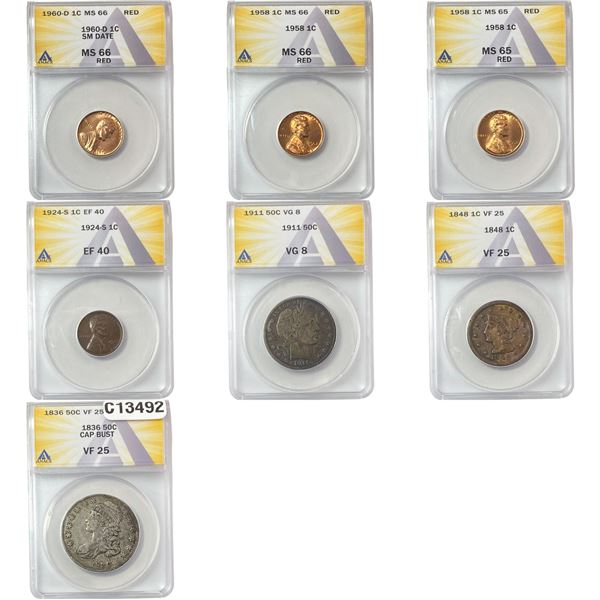 1836-1960 Graded US Type Coin Lot [7 Coins] ANACS VG-MS8-66