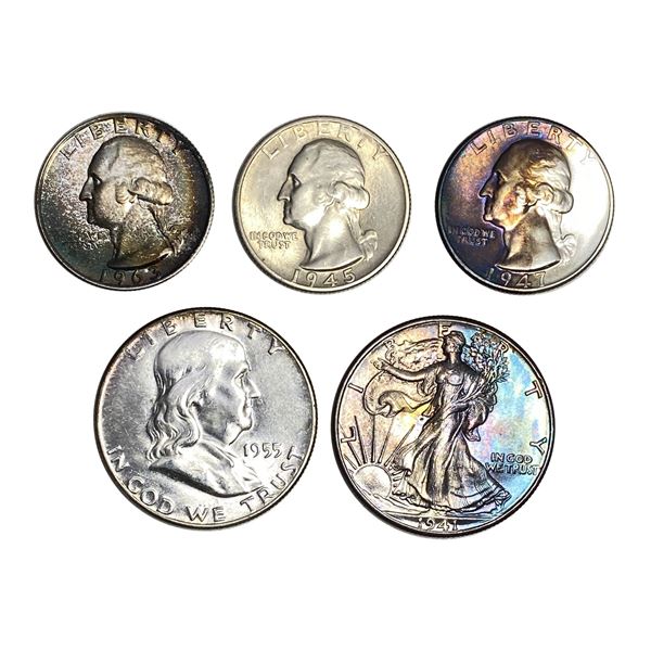 1941-1963 GEM BU Toned US Silver Coin Lot [5 Coins]