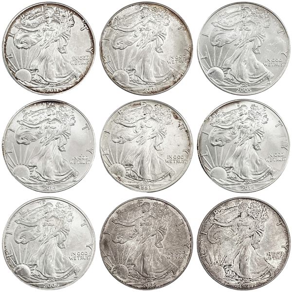 1991-2014 GEM BU US 1oz Silver Eagle Lot [9 Coins]