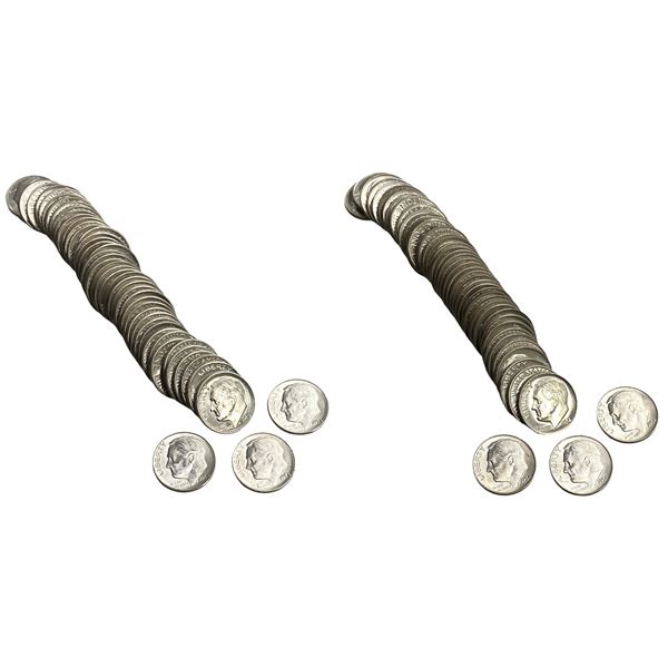 1954-S, 1954-D 2 GEM BU Roosevelt Dime Rolls Lot [100 Coins]