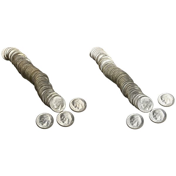 1960, 1962 2 GEM BU Roosevelt Dime Rolls [100 Coins]