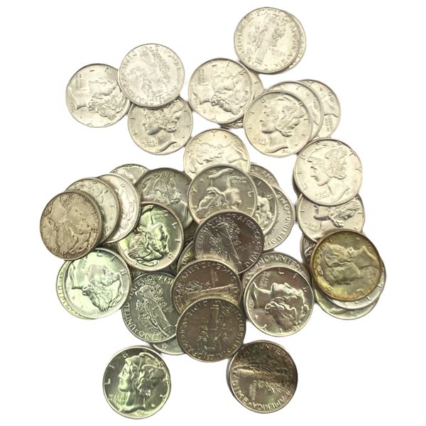 1941-1945 GEM BU Silver Mercury Dime Lot [45 Coins]