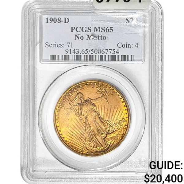 1908-D $20 Gold Double Eagle PCGS MS65 NO MOTTO