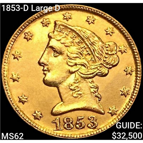 1853-D Large D $5 Gold Half Eagle UNCIRCULATED