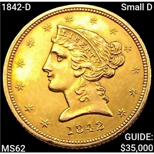 1842-D Small D $5 Gold Half Eagle UNCIRCULATED
