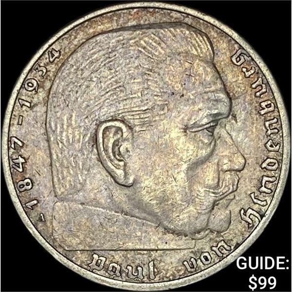1939-A Germany Silver 2 Reichsmark CLOSELY UNCIRCULATED