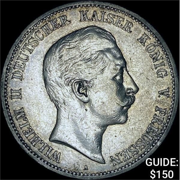 1907-A Prussia Silver 5 Reichsmark CHOICE AU