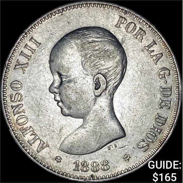 1888Mpm Spain Alfonso XIII 5 Pesetas CLOSELY UNCIRCULATED