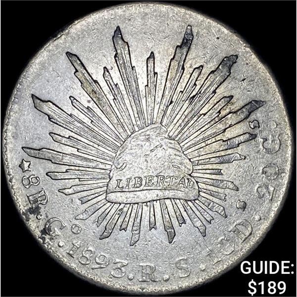 1893Go RS Mexico Silver 8 Reales Cap & Ray NEARLY UNCIRCULATED