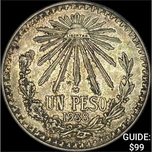 1938-M Mexico Silver Peso Cap & Ray NEARLY UNCIRCULATED
