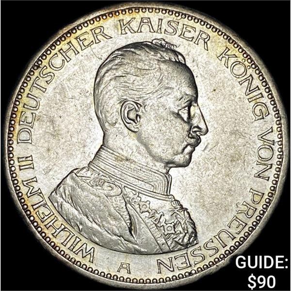 1913-A Germany Wilhlm II Silver 5 Reichsmark CLOSELY UNCIRCULATED