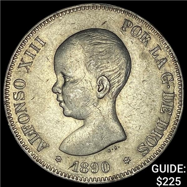 1890MP.M Spain Silver 5 Pesetas KM689 CLOSELY UNCIRCULATED