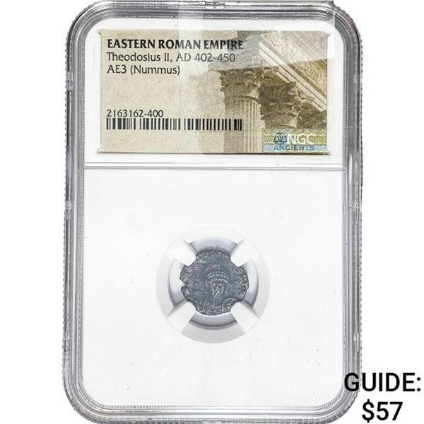 East Roman Theodosius II, AD 402-450 AE3 Nummus NGC