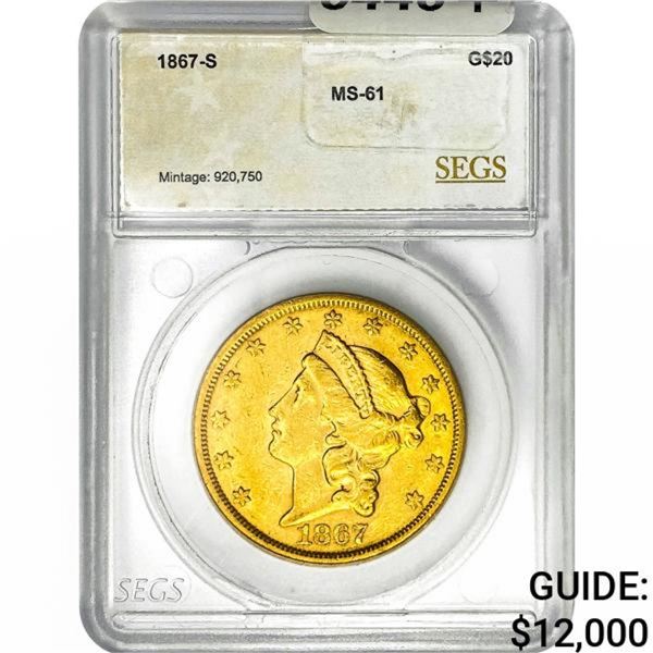 1867-S $20 Gold Double Eagle SEGS MS61