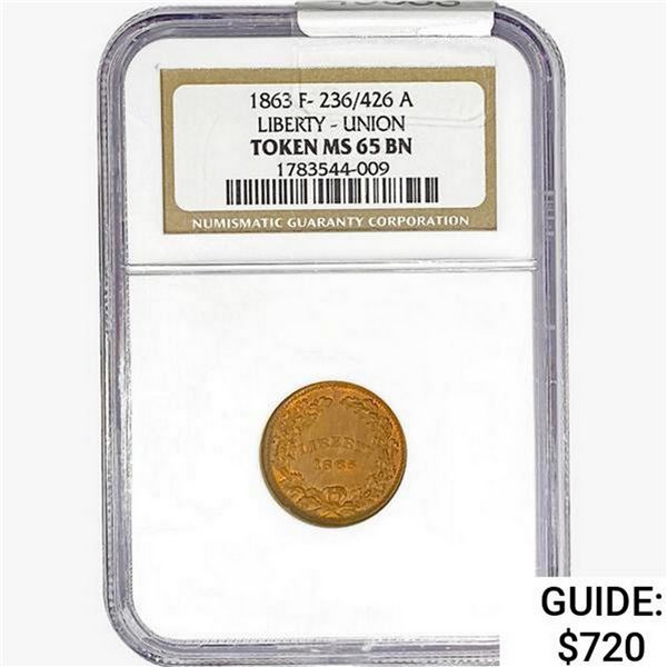 1863 Liberty Union Token NGC MS65 BN F-236/426a