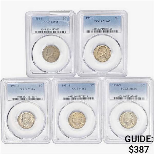 [5 Coins]1951-S Jefferson Nickel PCGS MS65-66