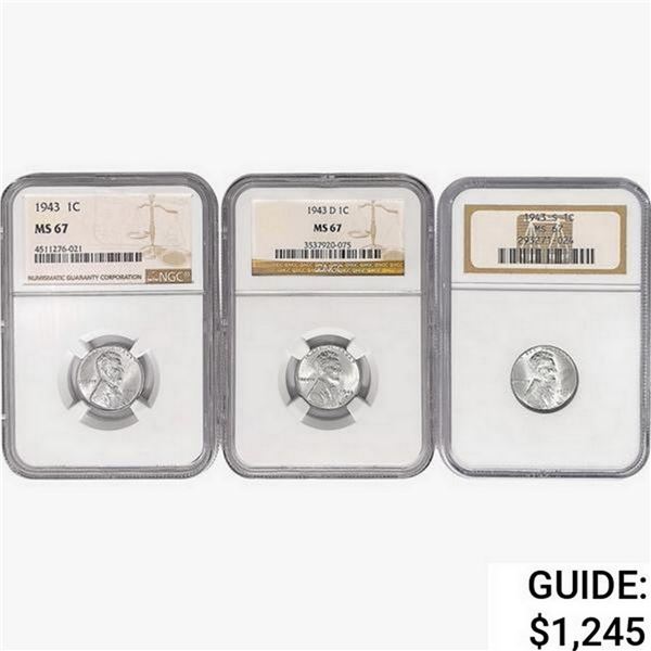 [3 Coins] 1943 Wheat Cent NGC MS67