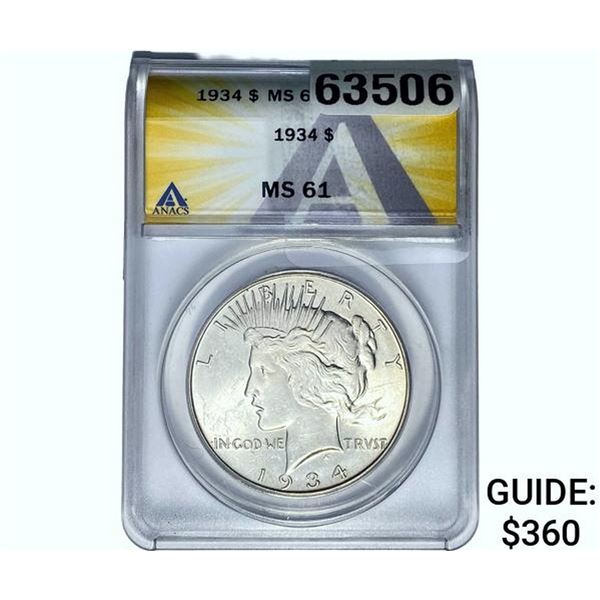 1934 Silver Peace Dollar ANACS MS61