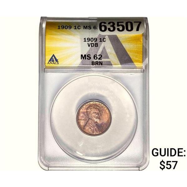 1909 Wheat Cent ANACS MS62 VDB BRN
