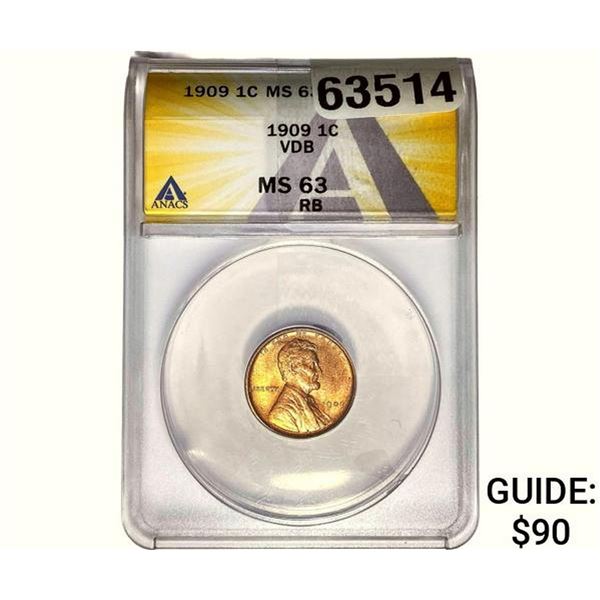 1909 Wheat Cent ANACS MS63 RB VDB