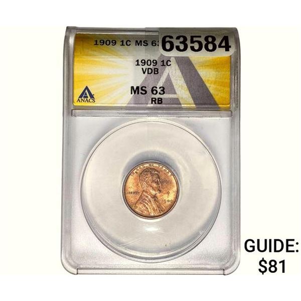 1909 Wheat Cent ANACS MS63 RB VDB