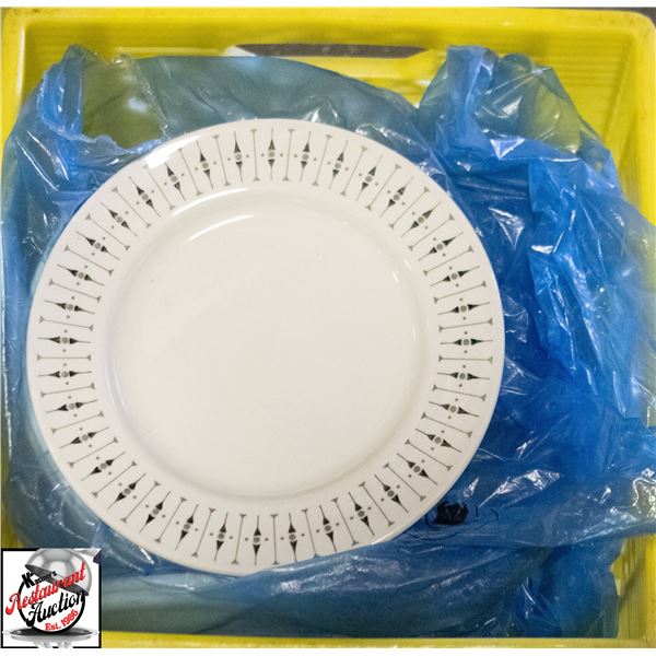 ASSORTED RIM PRINT WHITE CERAMIC PLATES, INCLUDES
