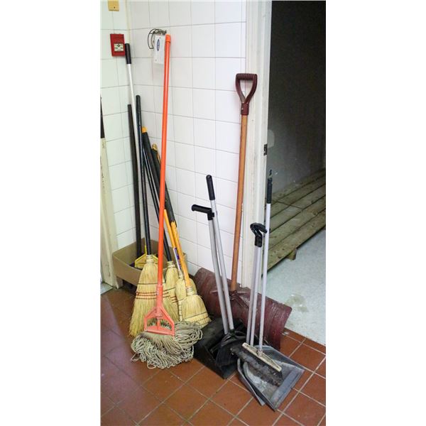 LOT OF ASSORTED BROOMS, DUSTPANS, MOP & SHOVEL