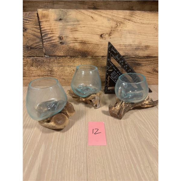 3 HAND MADE MOLTEN GLASS BOWLS ON TEAK BASES *PICTURE IS NOT EXACT REPRESENTATION*