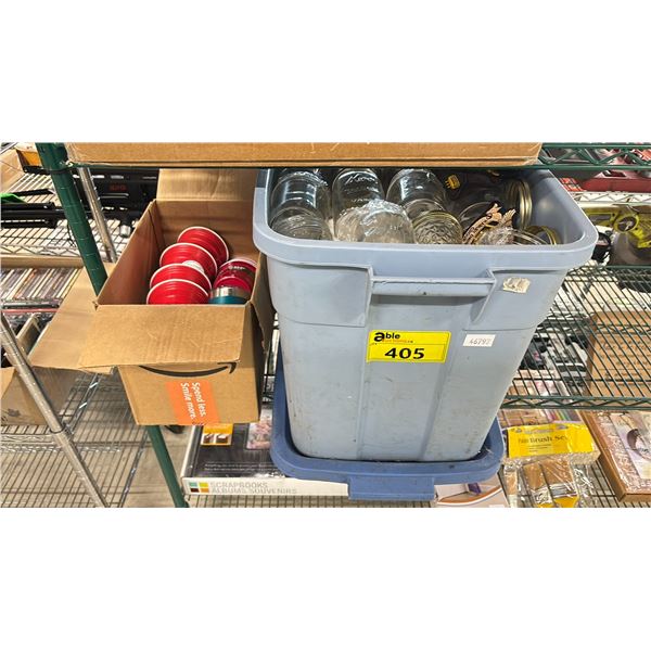 TOTE OF ASSORTED SIZE CANNING JARS & BOX OF DOUBLE WALL INSULATED CUPS