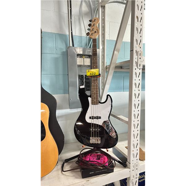 SQUIER J BASS ELECTRIC GUITAR WITH CASE, ZOOM B1 FOUR BASS MULTI-EFFECTS PROCESSOR, EXTRA GUITAR