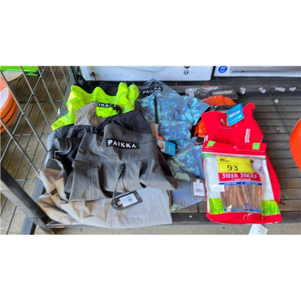 PAIKKA & CANADA POOCH DOG COATS IN ASSORTED SIZES & BAG OF STEER STICKS