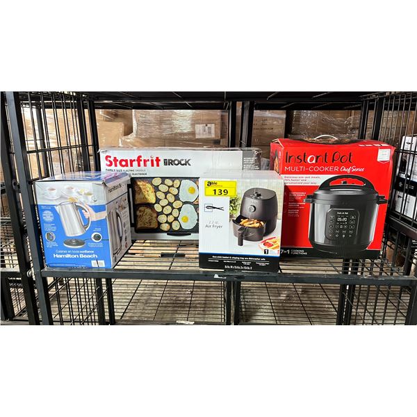 SHELF OF ASSORTED ITEMS INCLUDING; STARFRIT THE ROCK FAMILY SIZE ELECTRIC GRIDDLE, INSTANT POT