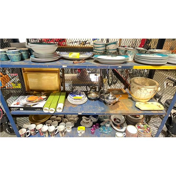 SHELF OF ASSORTED ITEMS INCLUDING; TEAPOTS, DINNERWARE, SERVING TRAYS & MORE