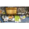 Image 2 : SHELF OF ASSORTED ITEMS INCLUDING; TEAPOTS, DINNERWARE, SERVING TRAYS & MORE