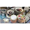 Image 4 : SHELF OF ASSORTED ITEMS INCLUDING; DINNERWARE, CHRISTMAS MUGS, FIREPLACE STONES & MORE