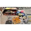 Image 2 : SHELF OF ASSORTED FISHING GEAR - FISHING RODS, SPOOLS OF FISHING LINE, LEAD SINKER, SWIVEL HOOKS