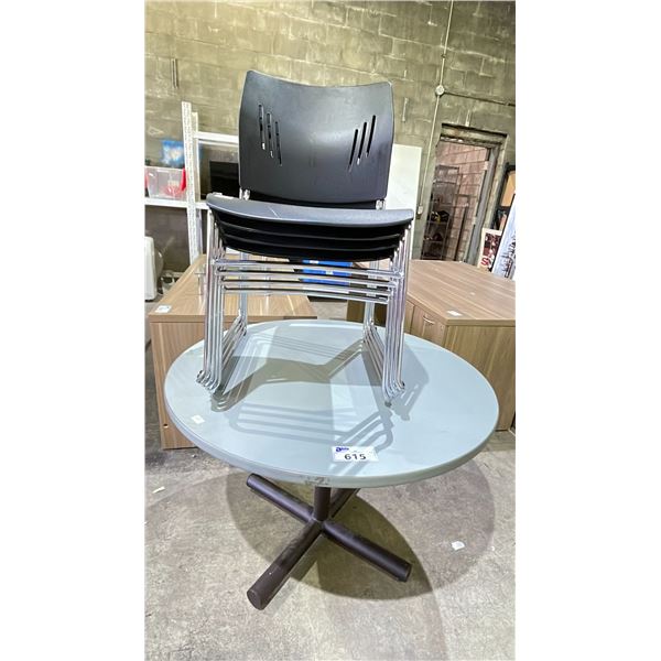 ROUND CAFE-STYLE TABLE WITH PEDESTAL CROSS BASE & 5 STACKABLE CHAIRS