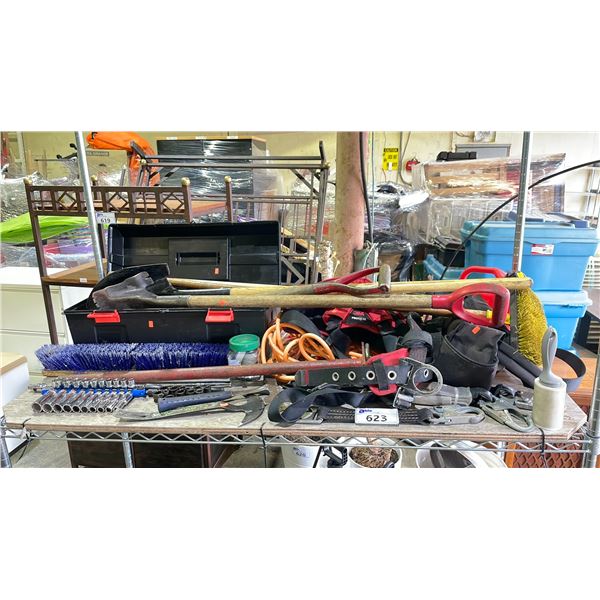 SHELF OF ASSORTED INDUSTRIAL TOOLS & SAFETY GEAR, HAND TOOLS, 3M PROTECTA HARNESS, SHOVELS,