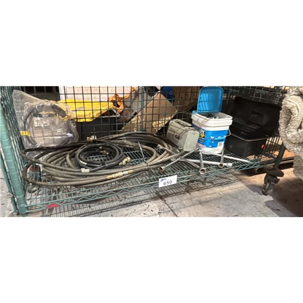 INDUSTRIAL MIXED LOT - MOTOMASTER AIR COMPRESSOR / HYDRAULIC & AIR HOSES / METAL X HANDLE WRENCH /