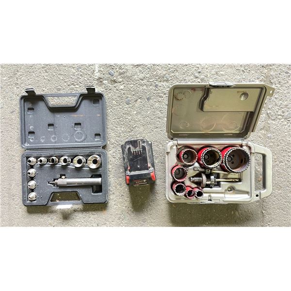 SHELF OF ASSORTED TOOLS INCLUDING: HOLE PUNCH SET, MILWAUKEE M18 CHARGER & BI-METAL HOLE SAW KIT