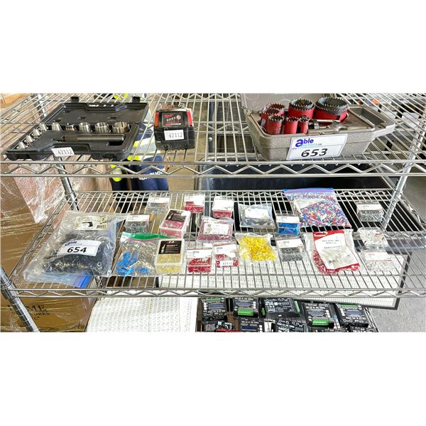 SHELF OF ASSORTED FERRULES INCLUDING: 10 AWG 12MM, 18 AWG 8MM, 10 AWG 12 MM, 22 AWG 8MM & MORE