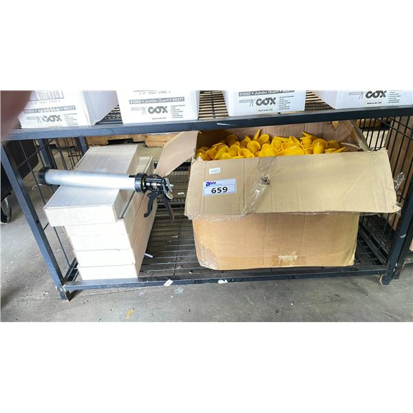 (5) COX AVON 600 CAULKING GUNS AND LARGE CASE OF YELLOW 2N1006 CONE NOZZLES