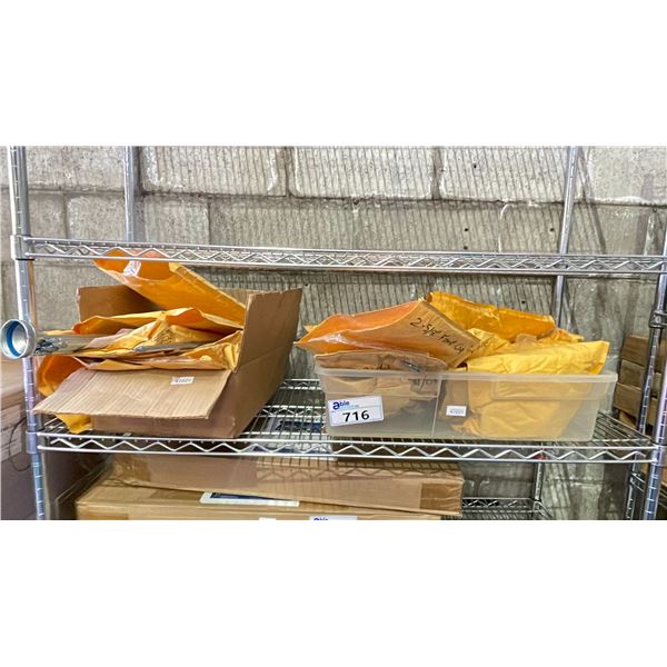 SHELF OF ASSORTED HARDWARE INCLUDING: FLOW SENSORS, CAP GASKETS, RING CAPS & MORE