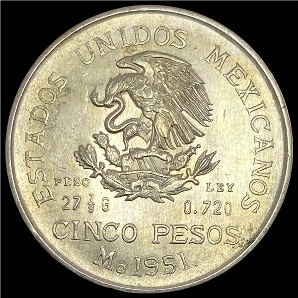 1951-M Mexico Hildalgo Silver 5 Pesos UNCIRCULATED