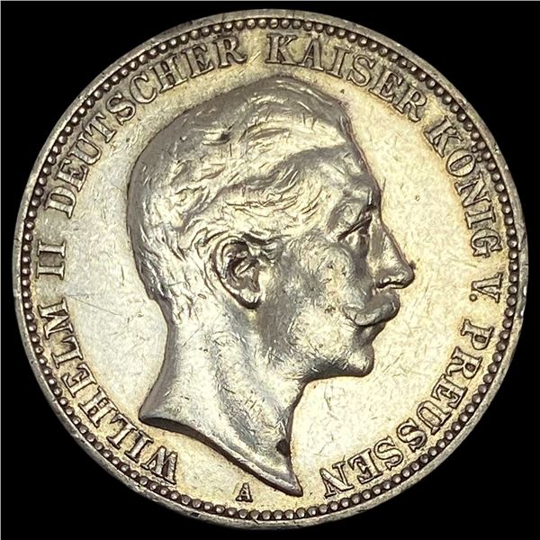 1910-A Prussia Silver 3 Reichsmark NEARLY UNCIRCULATED