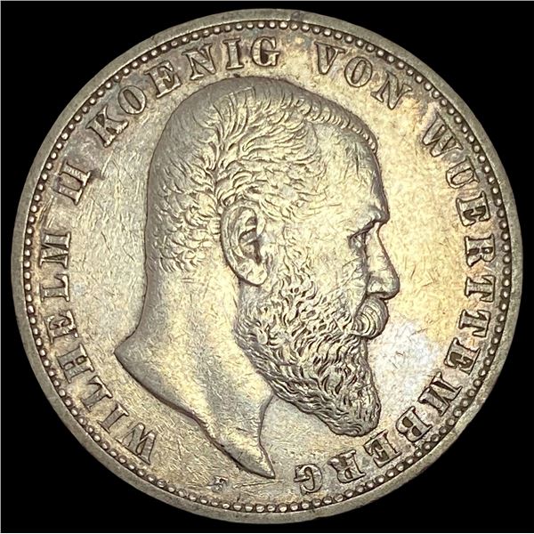 1903-F Wurttemberg Silver 5 Reichsmark NEARLY UNCIRCULATED