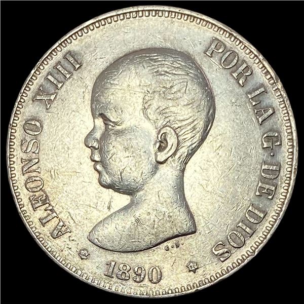 1890 Spain 5 Silver Pesetas NEARLY UNCIRCULATED